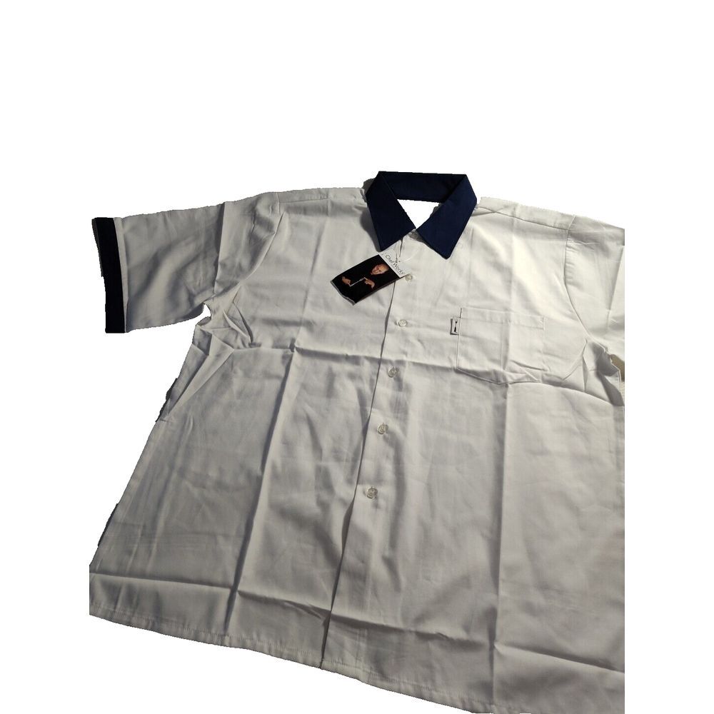 Mens Chef Works®🔥Shirt Size Large White Blue Trim Button Short‎ Sleeve Pocket